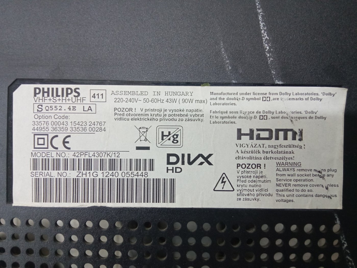 TK028 PHILIPS 42PFL4307 LABEL